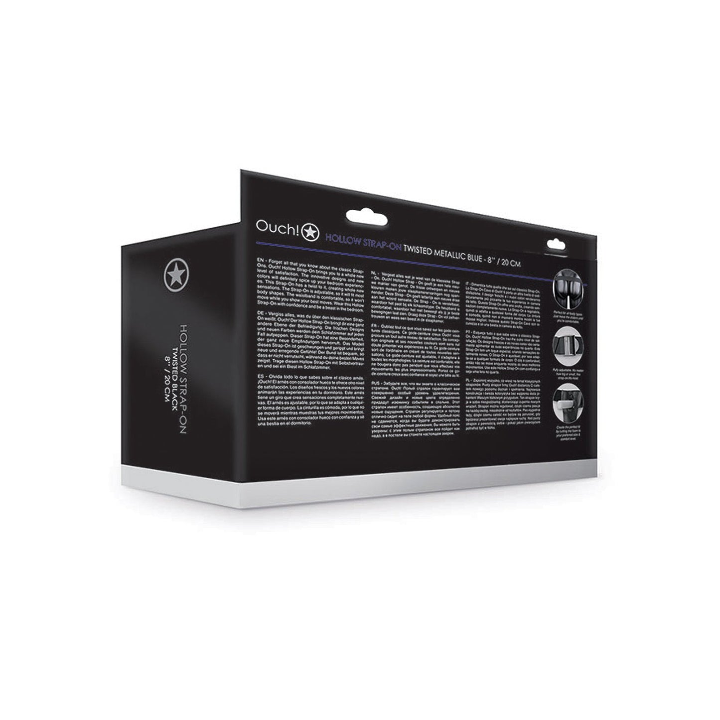 A black packaging box displays the name Shots Ouch 8 Textured Curved Hollow Strap On - Metallic Blue and description in white text. It shows images of its body-safe materials and adjustable waistband on the side, with visible box dimensions. Text detail is small and unclear.