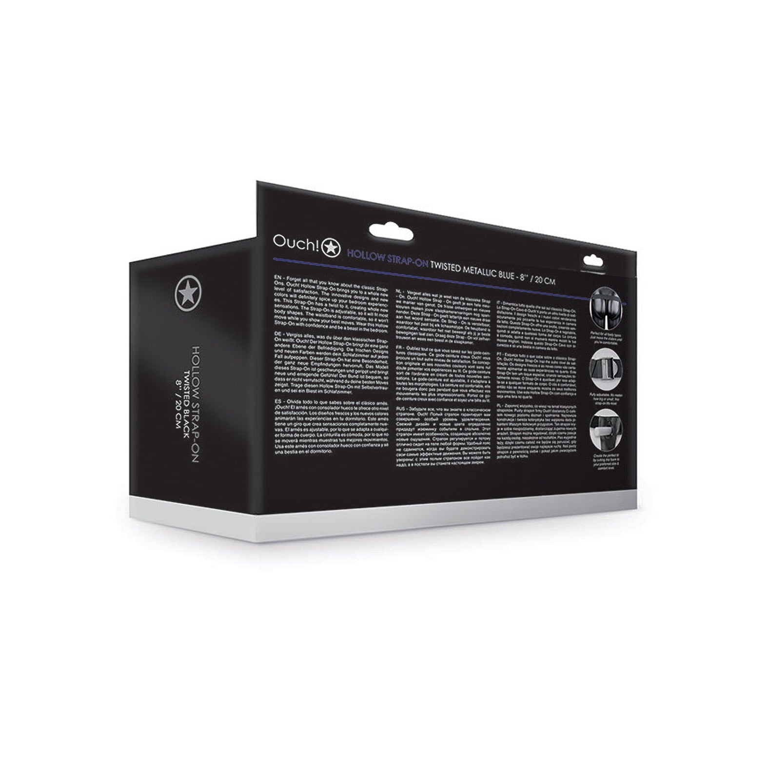 A black packaging box displays the name Shots Ouch 8 Textured Curved Hollow Strap On - Metallic Blue and description in white text. It shows images of its body-safe materials and adjustable waistband on the side, with visible box dimensions. Text detail is small and unclear.