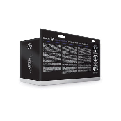 A black packaging box displays the name Shots Ouch 8 Textured Curved Hollow Strap On - Metallic Blue and description in white text. It shows images of its body-safe materials and adjustable waistband on the side, with visible box dimensions. Text detail is small and unclear.