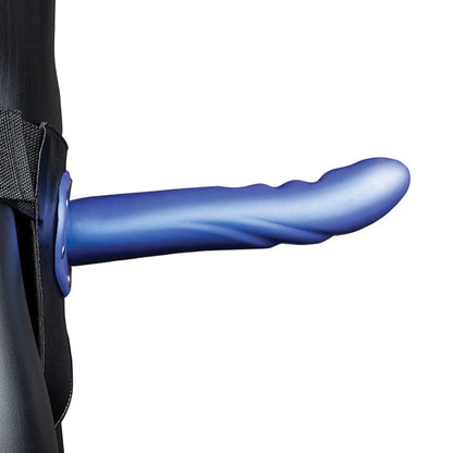 The Shots Ouch 8 Textured Curved Hollow Strap On in metallic blue is shown against a white background. It includes a black harness with an adjustable waistband for comfort and versatility.