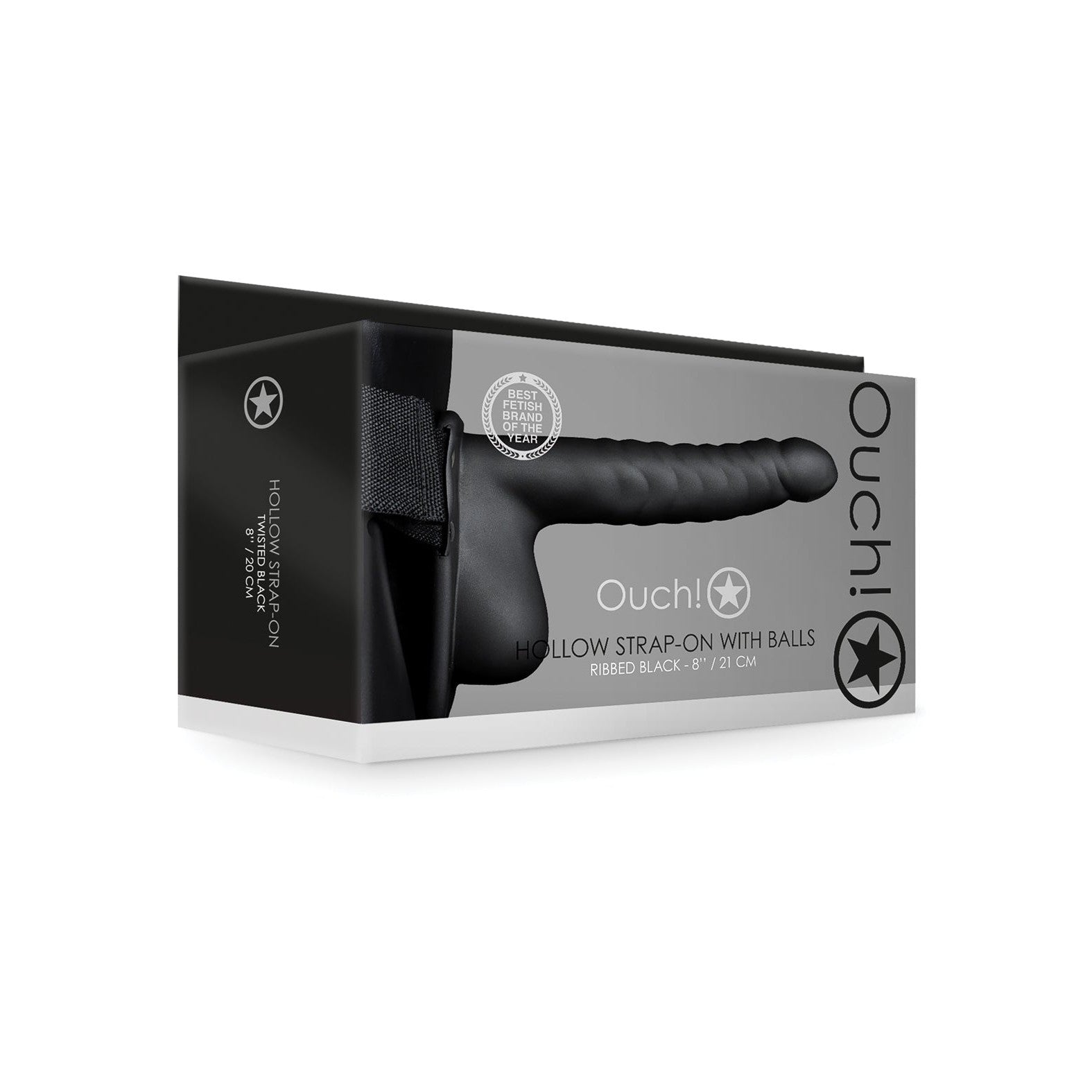 The packaging for the Shots Ouch 8 Ribbed Hollow Strap-On With Balls in black, showing a side view of its curved, ribbed design and attached balls, measures 21 cm.