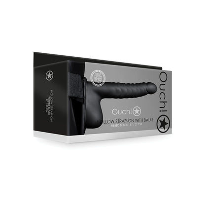 The packaging for the Shots Ouch 8 Ribbed Hollow Strap-On With Balls in black, showing a side view of its curved, ribbed design and attached balls, measures 21 cm.