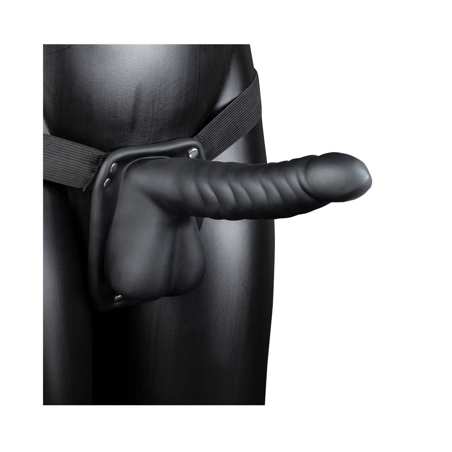 The Shots Ouch 8 Ribbed Hollow Strap On With Balls - Black, by Shots, is displayed against a plain white background. This black strap-on harness includes a realistic, body-safe, phthalate-free dildo with a curved and ribbed design mimicking human anatomy for an enhanced experience.