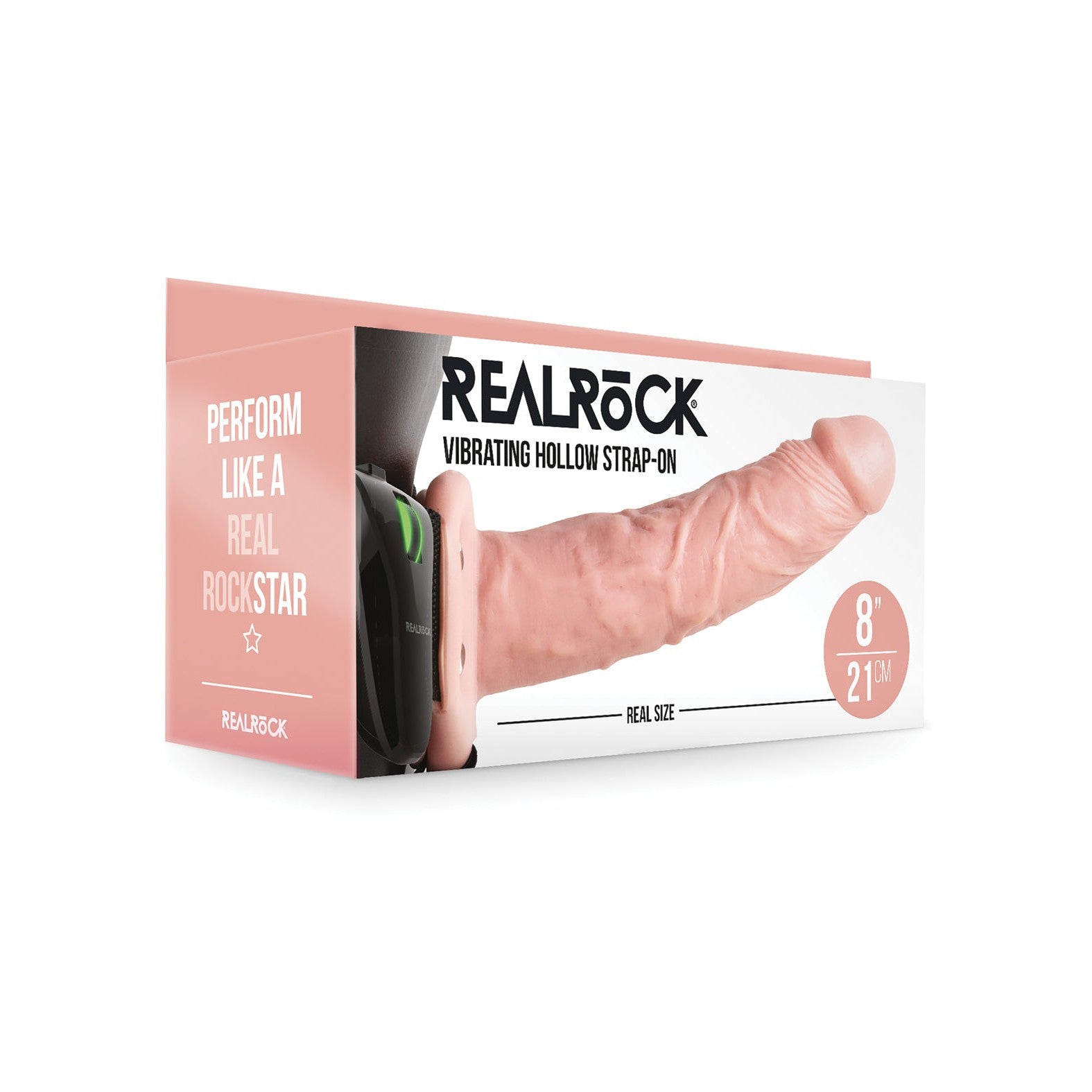 The box of the Shots RealRock Vibrating Hollow Strap-On With Balls features a captivating image and boldly claims to Perform like a real rockstar. With multi-speed vibrations, it measures 8 inches (21 cm) for unmatched performance.