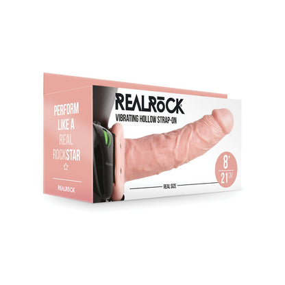 The box of the Shots RealRock Vibrating Hollow Strap-On With Balls features a captivating image and boldly claims to Perform like a real rockstar. With multi-speed vibrations, it measures 8 inches (21 cm) for unmatched performance.