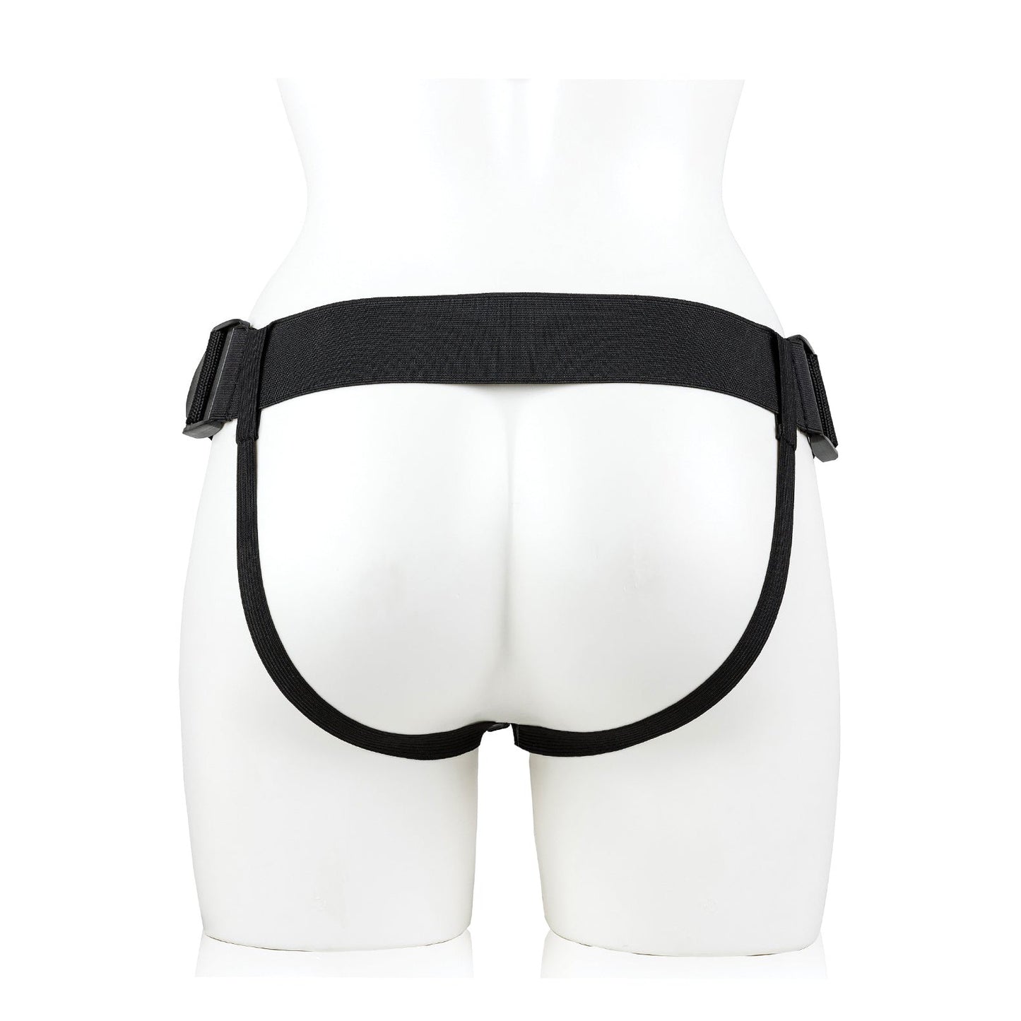 A mannequin displays a black harness belt around the waist and thighs, exuding elegance and allure. The plain white background highlights its boldness, akin to the sleek design of Shots RealRock Vibrating Hollow Strap-On With Balls by Shots, inviting playful exploration.