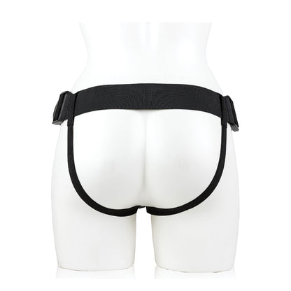 A mannequin displays a black harness belt around the waist and thighs, exuding elegance and allure. The plain white background highlights its boldness, akin to the sleek design of Shots RealRock Vibrating Hollow Strap-On With Balls by Shots, inviting playful exploration.
