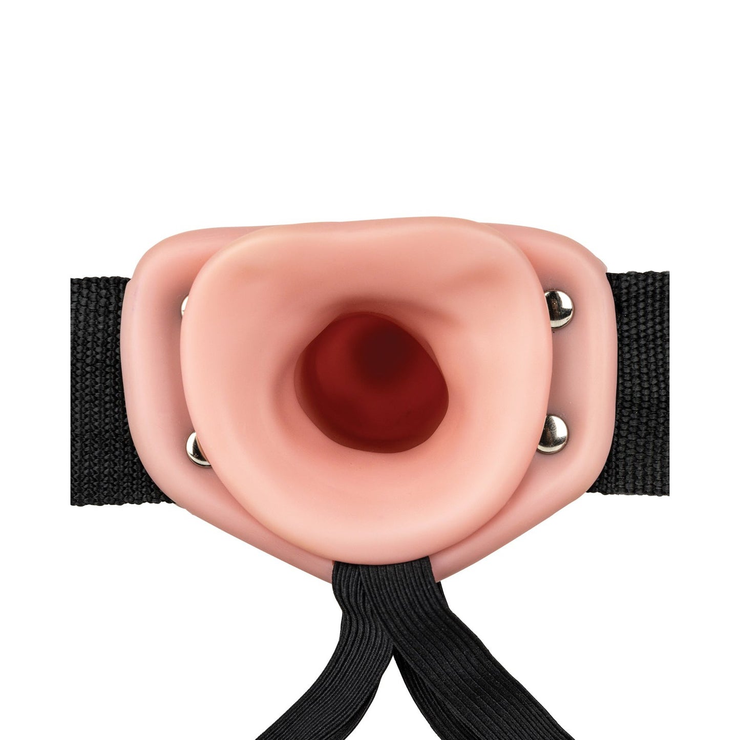 The image showcases the Shots RealRock Vibrating Hollow Strap-On With Balls, a pink silicone mouthpiece with an adjustable black strap, a wide circular shape, metal fasteners on each side, and multi-speed vibrations for enhanced comfort and functionality.