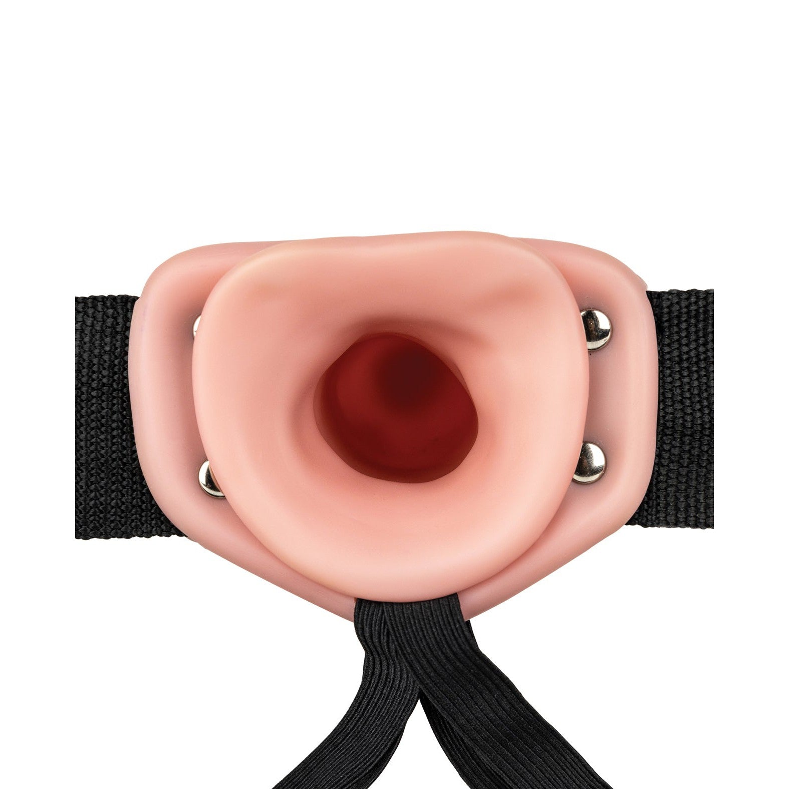 The image showcases the Shots RealRock Vibrating Hollow Strap-On With Balls, a pink silicone mouthpiece with an adjustable black strap, a wide circular shape, metal fasteners on each side, and multi-speed vibrations for enhanced comfort and functionality.
