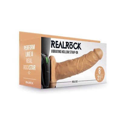 The Shots RealRock Vibrating Hollow Strap-On With Balls showcases a flesh-tone design and dimensions of 8 inches (21 cm). With multi-speed vibrations, it promises to Perform Like a Real Rockstar, offering electrifying features to boost bedroom performance.