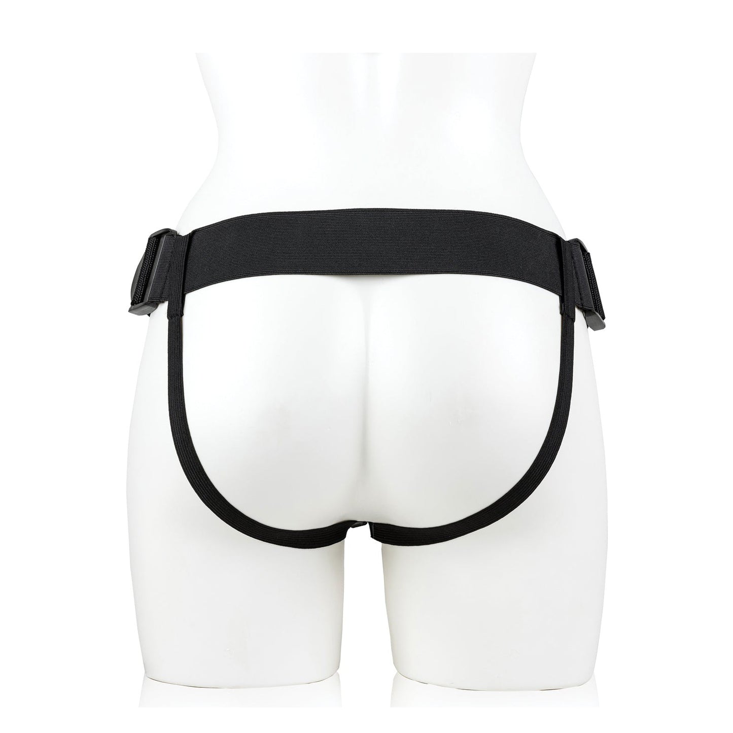 The black Shots RealRock Vibrating Hollow Strap-On with Balls, featuring adjustable straps and multi-speed vibrations for customizable comfort, is displayed on a mannequin from the back.