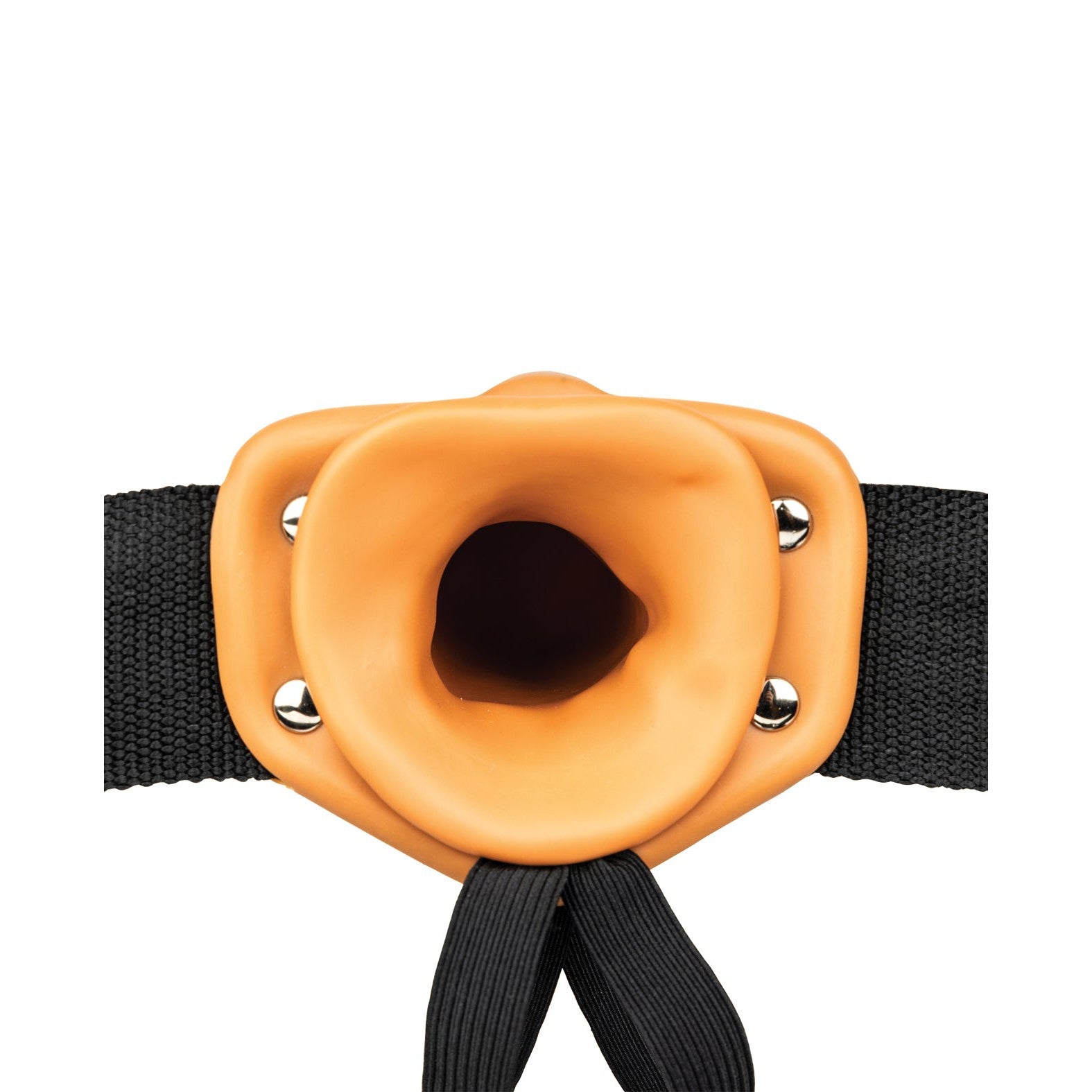 A nose-shaped oxygen mask with an adjustable strap and metal rivets provides discreet ED support, echoing the sleek, functional design of the Shots RealRock Vibrating Hollow Strap-On With Balls.