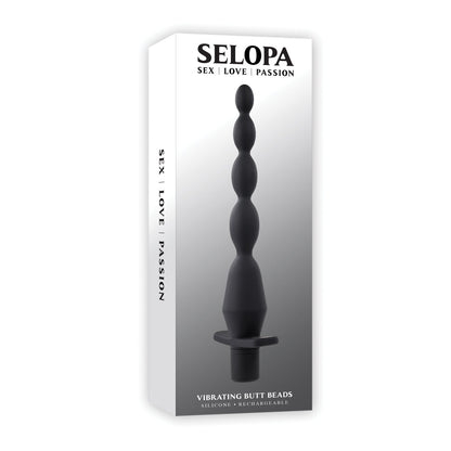 The packaging for Selopa Vibrating Butt Beads shows the product name and an item silhouette. The box highlights SEX | LOVE | PASSION and emphasizes its body-safe silicone material. Its a rechargeable, waterproof anal toy for endless pleasure.
