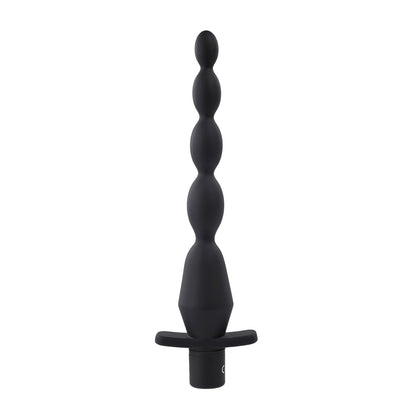 The Selopa Vibrating Butt Beads are black, multi-beaded silicone anal plugs with a tapered tip and flared base. Made from body-safe, waterproof silicone, they offer safety and pleasure for personal exploration.