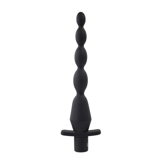 The Selopa Vibrating Butt Beads are black, multi-beaded silicone anal plugs with a tapered tip and flared base. Made from body-safe, waterproof silicone, they offer safety and pleasure for personal exploration.