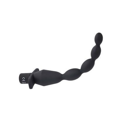 The Selopa Vibrating Butt Beads by Selopa is a black, flexible anal toy made from body-safe silicone. Its waterproof and features a curved design with a tapered handle and gradually larger beads, ideal for personal use.