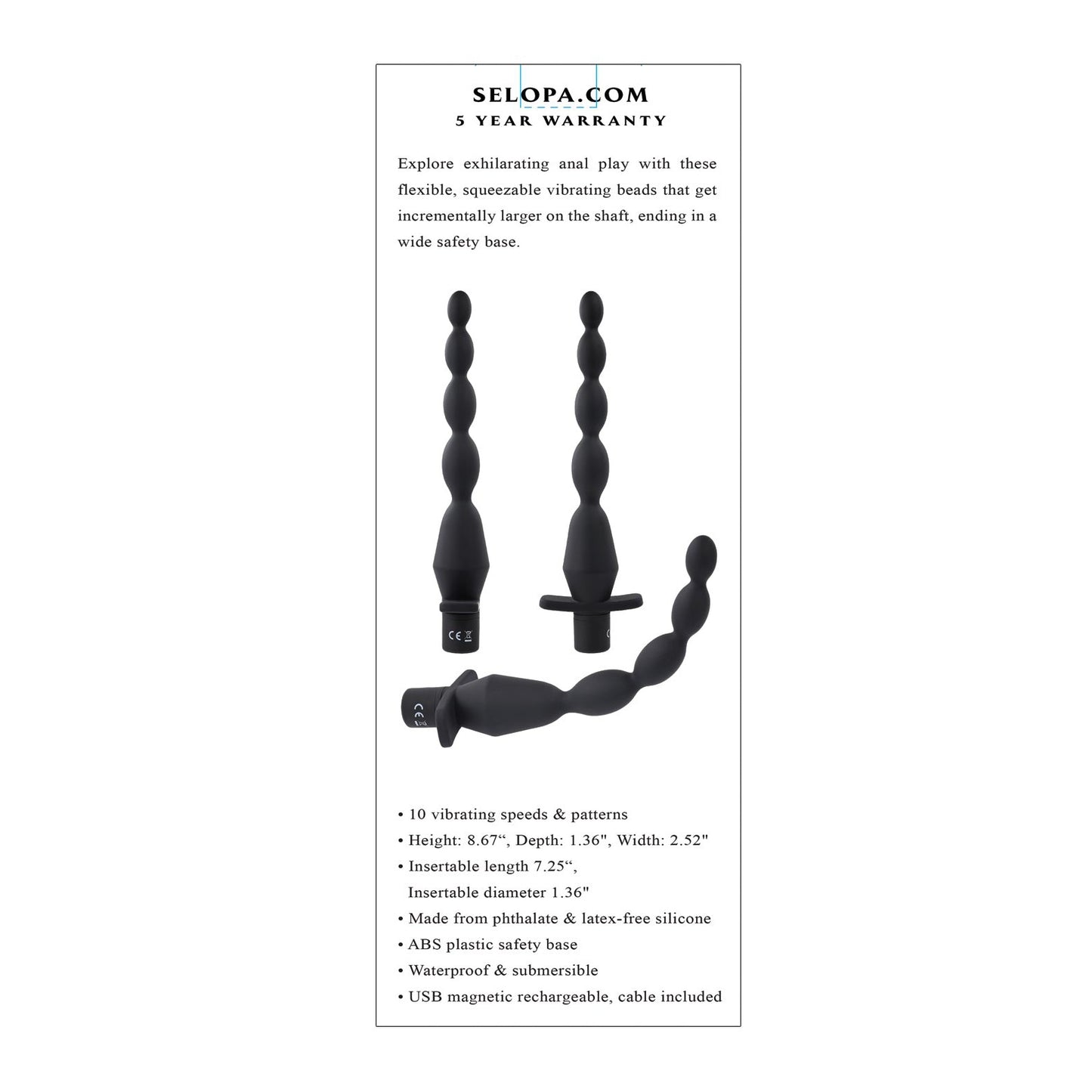 The Selopa Vibrating Butt Beads, by Selopa, are shown in three black beads with varying sizes and shapes. This waterproof anal toy offers 10 vibrating speeds and patterns, is rechargeable, made from phthalate and latex-free body-safe silicone. Product details are included on the side.