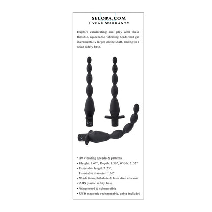 The Selopa Vibrating Butt Beads, by Selopa, are shown in three black beads with varying sizes and shapes. This waterproof anal toy offers 10 vibrating speeds and patterns, is rechargeable, made from phthalate and latex-free body-safe silicone. Product details are included on the side.
