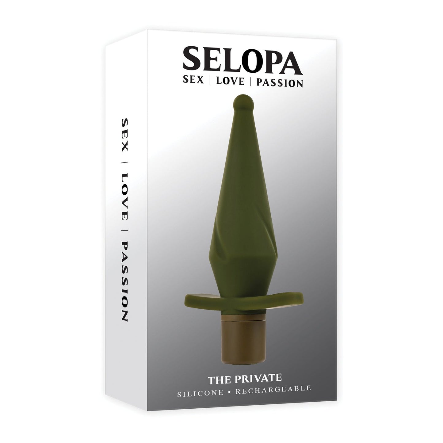 A product box displaying the silky-smooth silicone, rechargeable Selopa The Private adult toy features Sex, Love, Passion design elements and innovative USB magnetic recharge for ultimate convenience and pleasure.