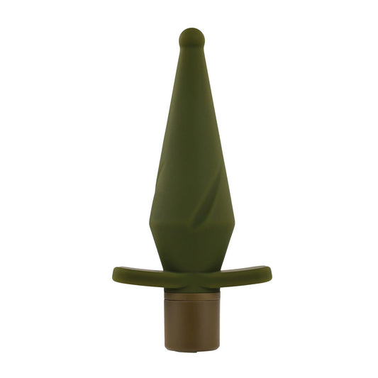 The Selopa The Private by Selopa is a green, cone-shaped silicone object with a wide flat base and cylindrical bottom. It features an elongated design tapering to a rounded tip, a darker brown base for USB magnetic recharging.