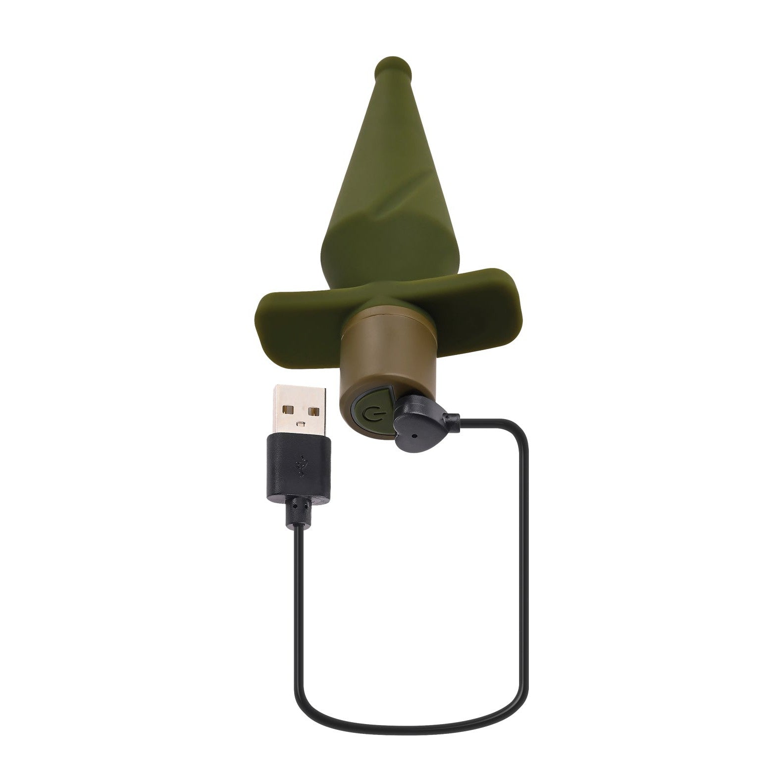 The Selopa The Private by Selopa is a green, wizard hat-shaped object made from silky-smooth silicone, featuring a USB connector and charging cable. It includes a circular power button on the side for easy operation.