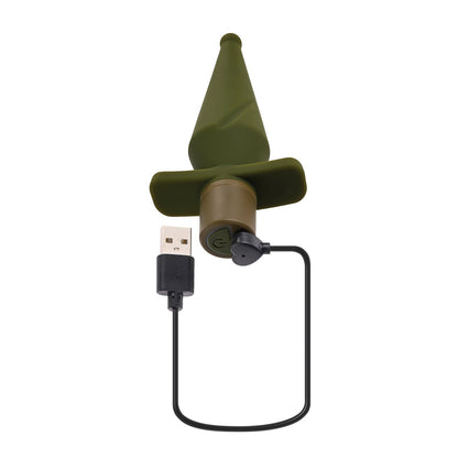 The Selopa The Private by Selopa is a green, wizard hat-shaped object made from silky-smooth silicone, featuring a USB connector and charging cable. It includes a circular power button on the side for easy operation.