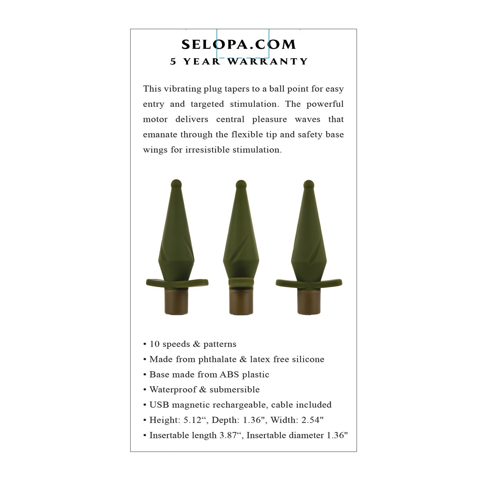 Discover the silky-smooth silicone of Selopa The Private by Selopa, a green vibrating plug with a tapered ball-point design for easy entry. Featuring 10 speeds, USB magnetic recharge, its phthalate and latex-free, waterproof, submersible, and includes a 5-year warranty.