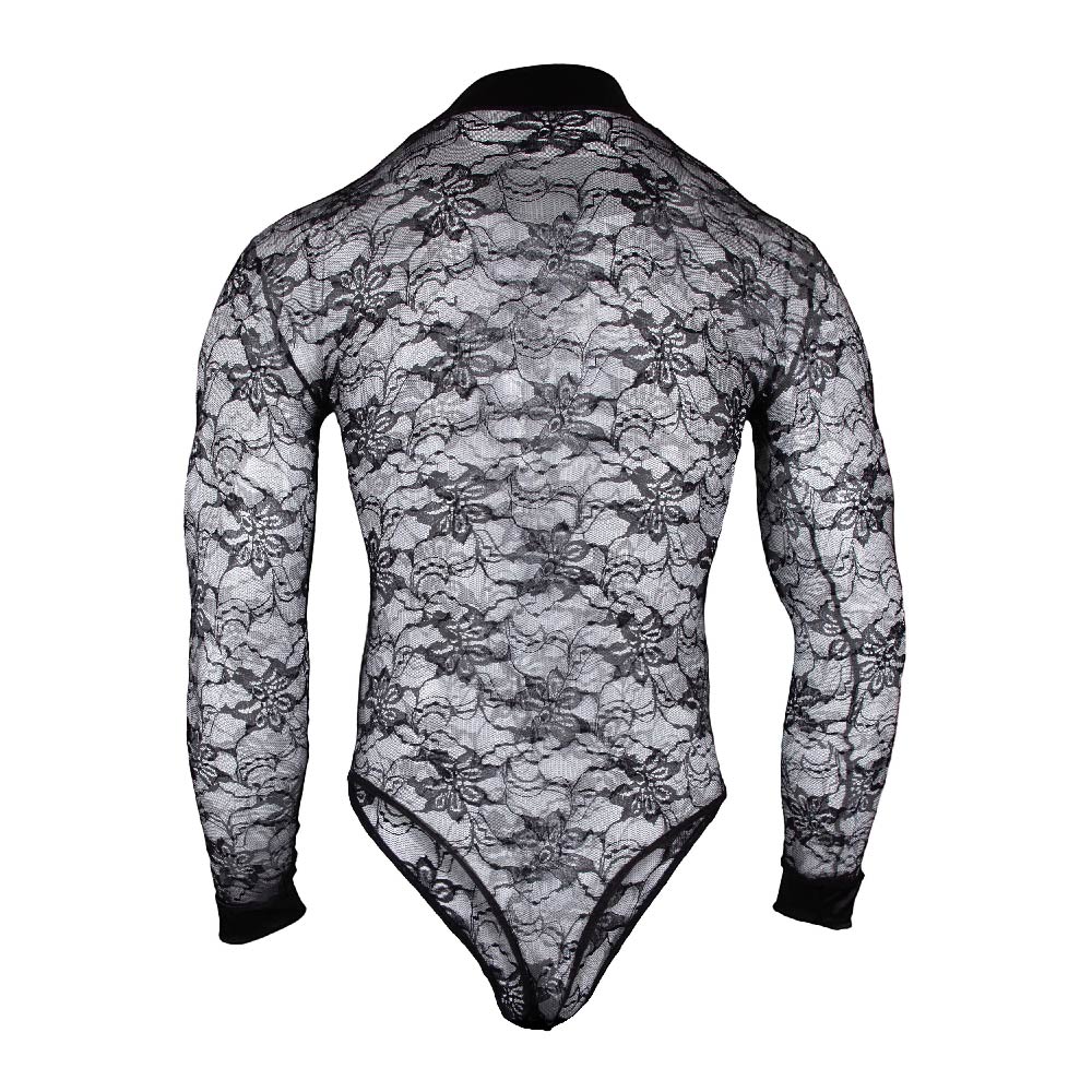 The mannequin displays the Secret Male Mens Lingerie Sexy Bodysuit, a black lace long-sleeve piece with intricate floral patterns. Its semi-transparent, body-hugging fit highlights an elegant and alluring style.