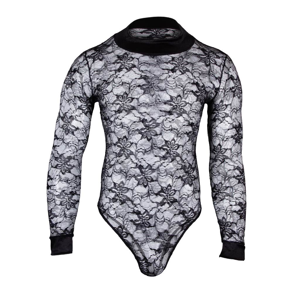The Secret Male Mens Lingerie Sexy Bodysuit is a black long-sleeve piece featuring alluring lace and floral patterns on sheer fabric, a high neckline, solid black cuffs, and a body-hugging fit.