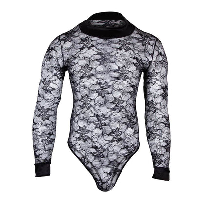 The Secret Male Mens Lingerie Sexy Bodysuit is a black long-sleeve piece featuring alluring lace and floral patterns on sheer fabric, a high neckline, solid black cuffs, and a body-hugging fit.