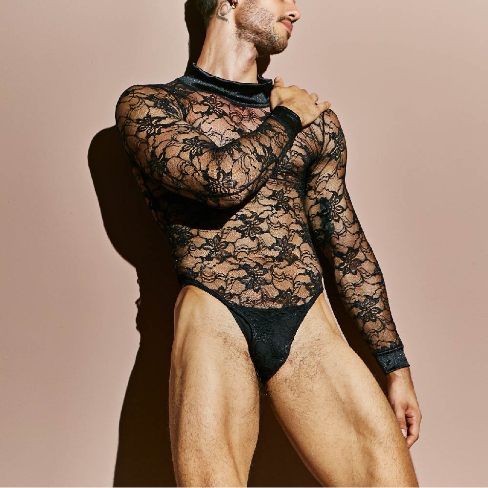 Secret Male Men's Lingerie Sexy Bodysuit in black floral lace with long sleeves, velvet mock-neck collar and cuffs, and a high-cut solid pouch