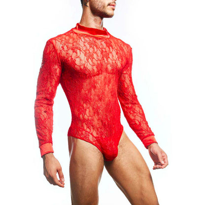 A person models the Secret Male Mens Lingerie Sexy Bodysuit, highlighting its body-hugging fit and intricate design. Against a bright white background, its vibrant red color is accentuated. The persons head is turned away, adding to the allure of this Secret Male piece.