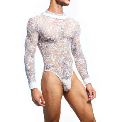 Someone models the Secret Male Mens Lingerie Sexy Bodysuit against a plain white backdrop. The transparent, body-hugging lace showcases intricate patterns as they pose with one arm relaxed, exuding elegance and charm.