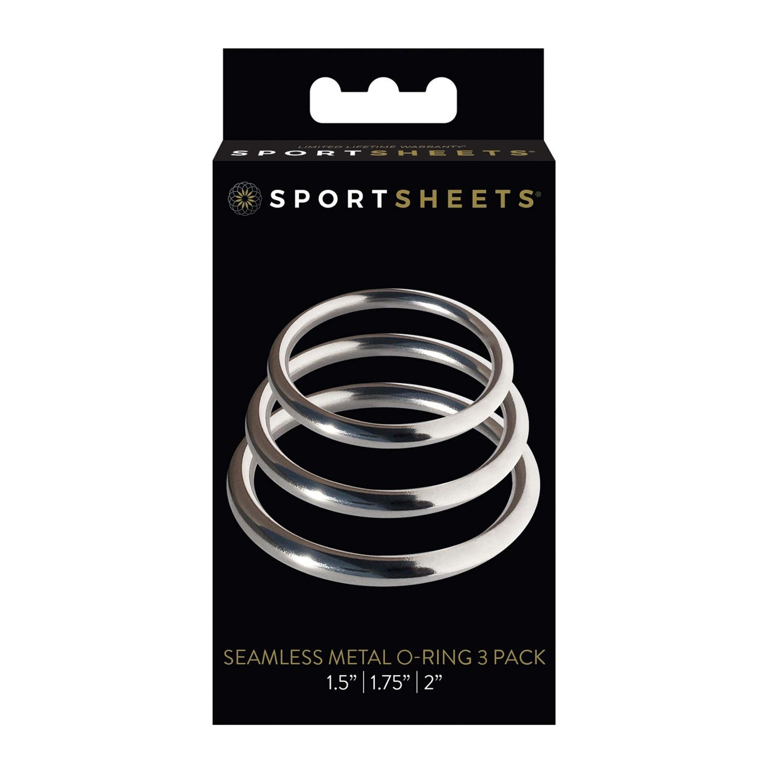 The Sportsheets Metal O Ring Set packaging features three nickel-free metal rings in sizes 1.5, 1.75, and 2. Theyre stacked vertically on a sleek black background with the Sportsheets logo and text indicating universal compatibility.