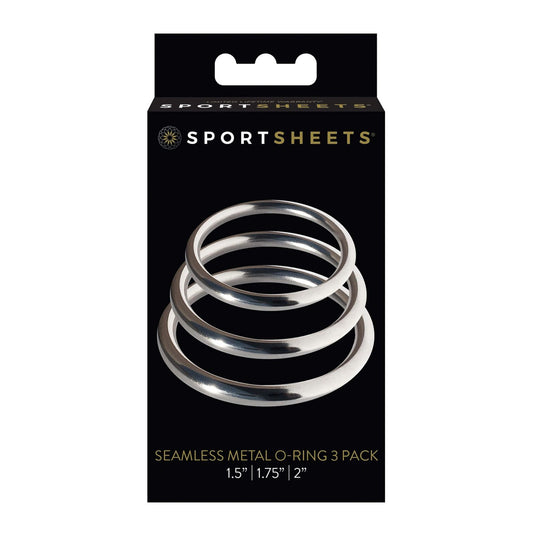 The Sportsheets Metal O Ring Set packaging features three nickel-free metal rings in sizes 1.5, 1.75, and 2. Theyre stacked vertically on a sleek black background with the Sportsheets logo and text indicating universal compatibility.
