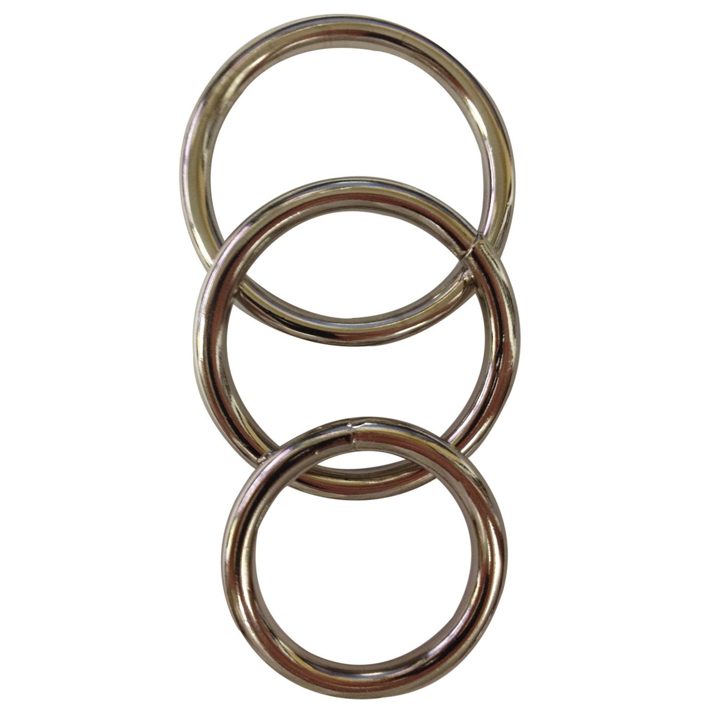 The Sportsheets Metal O Ring by Sportsheets features three vertically arranged, interlocked metal rings crafted from nickel-free metal, overlapping to form a simple chain-like structure.