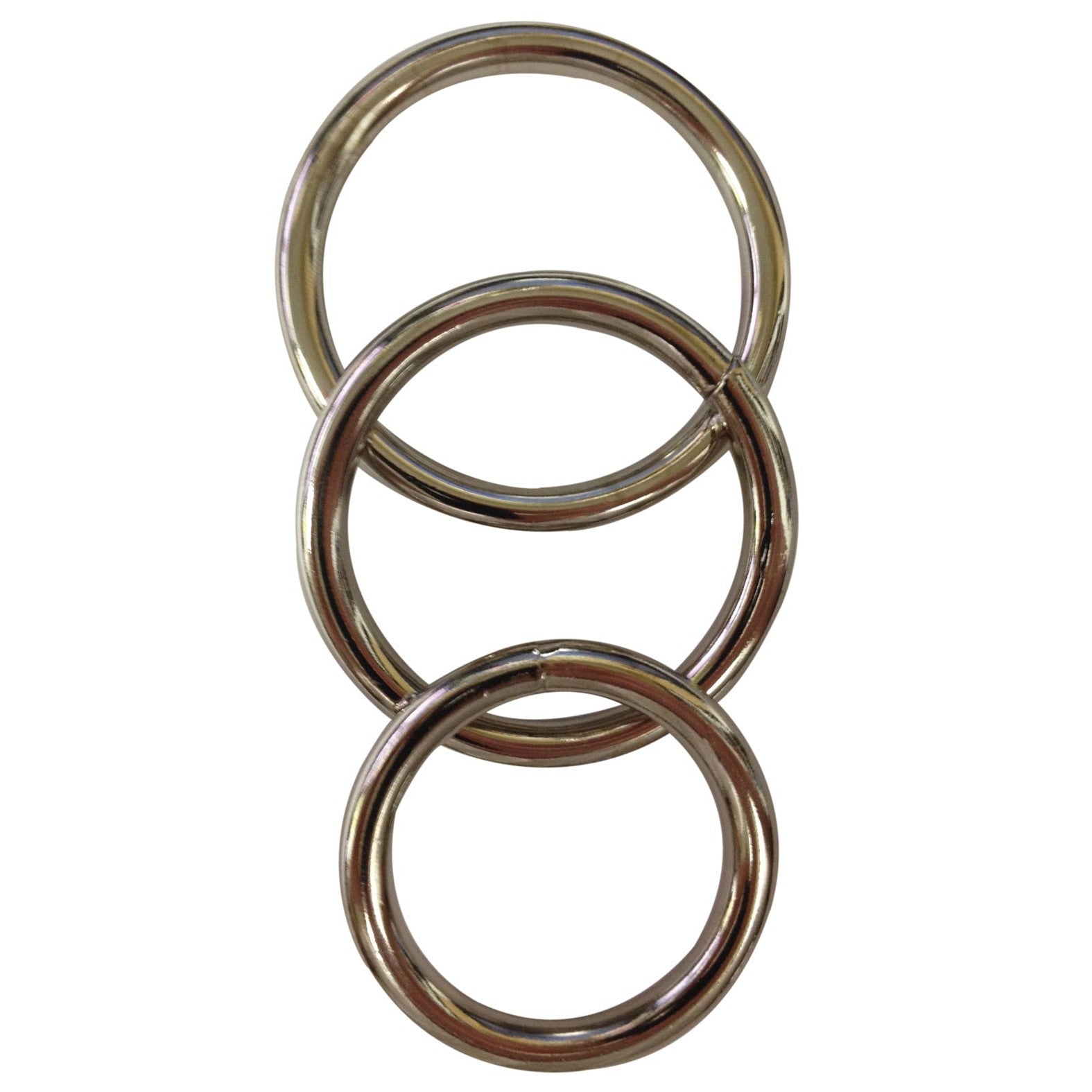 The Sportsheets Metal O Ring by Sportsheets features three vertically arranged, interlocked metal rings crafted from nickel-free metal, overlapping to form a simple chain-like structure.