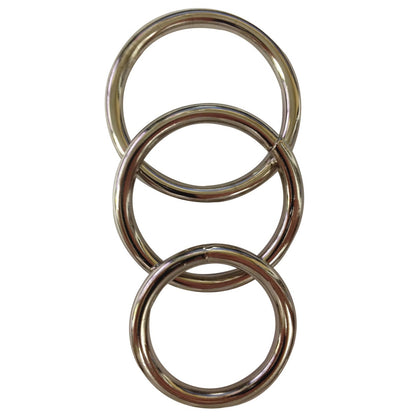 The Sportsheets Metal O Ring by Sportsheets features three vertically arranged, interlocked metal rings crafted from nickel-free metal, overlapping to form a simple chain-like structure.