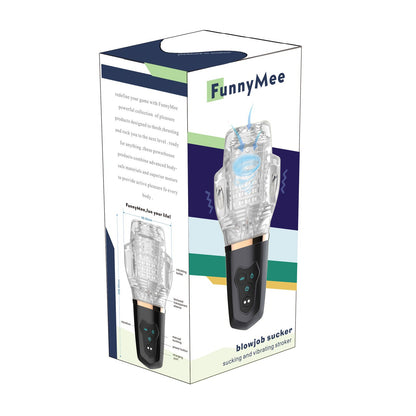 The FunnyMee Sucking & Vibrating Male Rose 2 features a transparent gadget with sucking, thrusting, and vibrating functions. The box packaging showcases images and descriptions resembling the innovative FunnyMee Male Rose 2.0 Cyclone Masturbator Stroker for an enhanced experience.