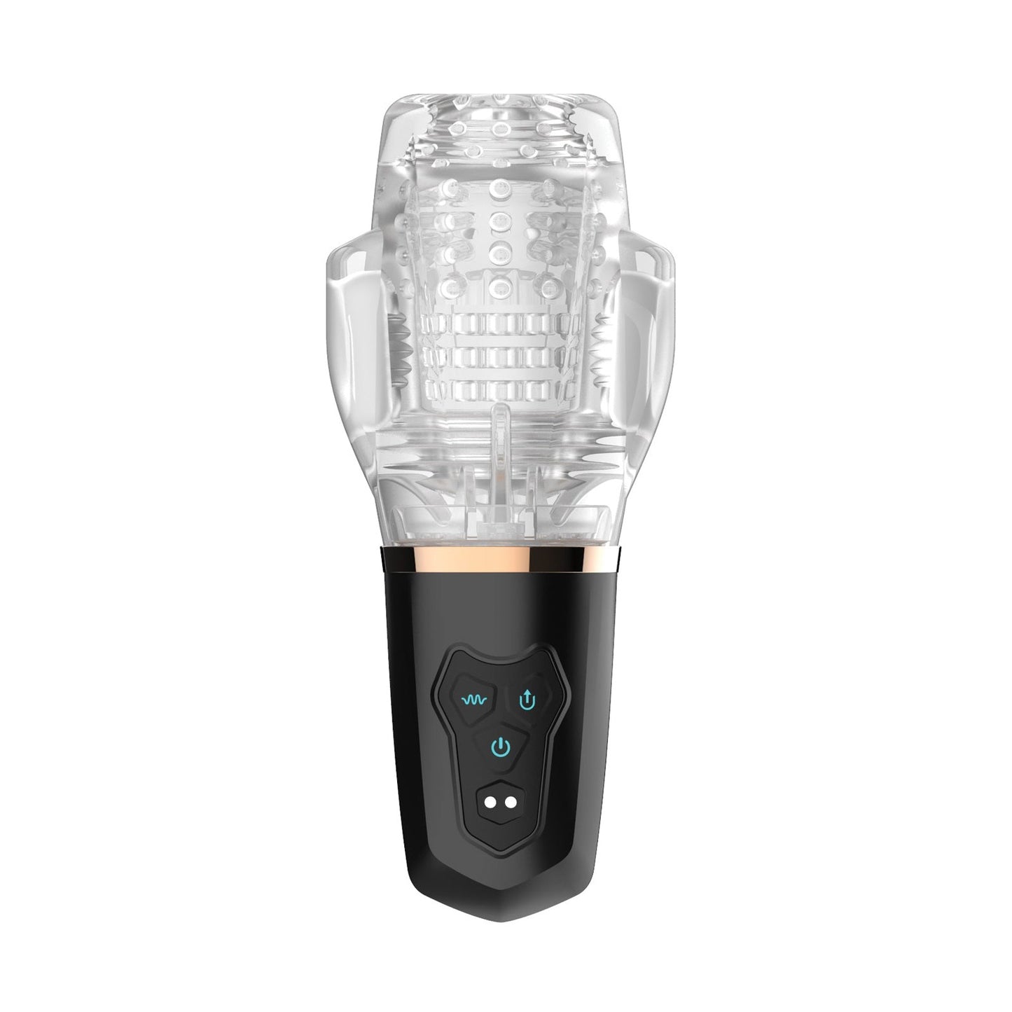 The FunnyMee Sucking & Vibrating Male Rose 2 features a transparent device with a textured interior connected to a sleek black and gold base. The base includes three buttons with icon labels, indicating various settings or thrusting modes.