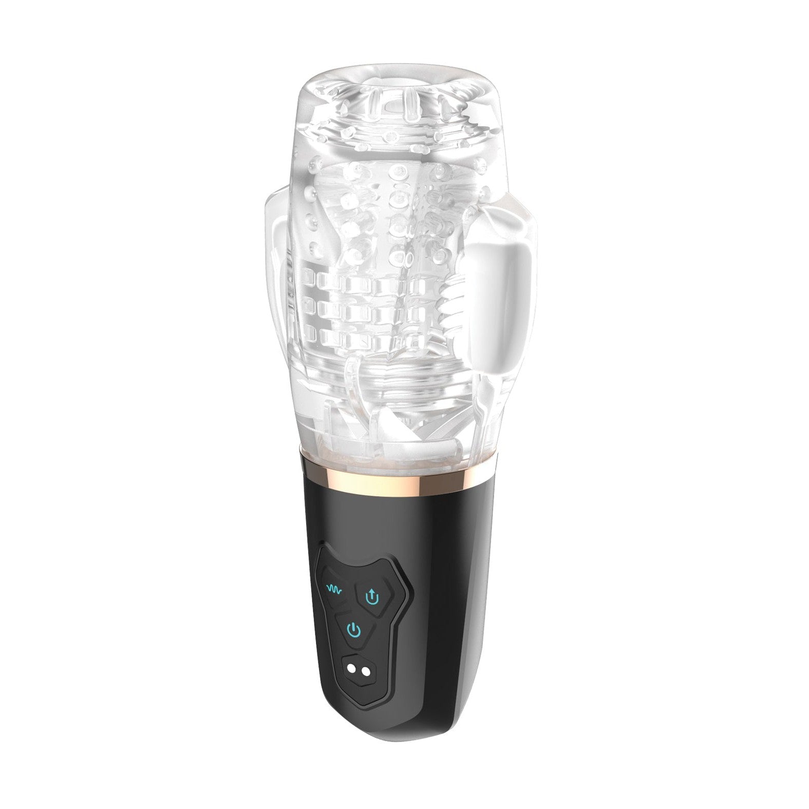 The FunnyMee Sucking & Vibrating Male Rose 2 features a transparent, textured sleeve, sleek black handheld base with control buttons, dynamic thrusting action, a gold accent ring, and clear top section for an advanced experience.