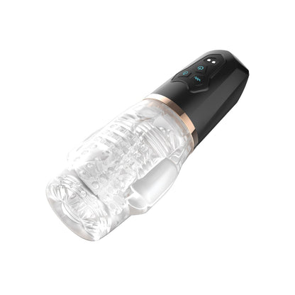 The FunnyMee Sucking & Vibrating Male Rose 2 is a transparent, textured Cyclone Masturbator Stroker with a black and gold cap. It features illuminated buttons for control and visible internal detailing that enhances the thrusting experience.