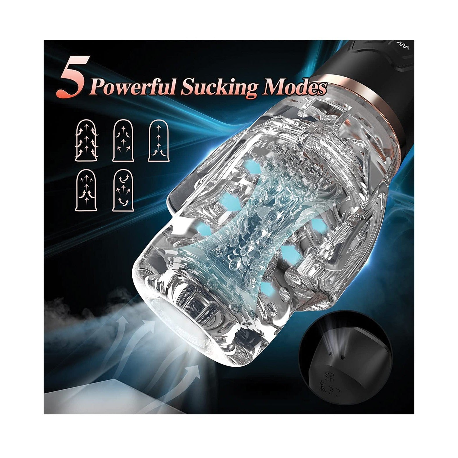 The FunnyMee Sucking & Vibrating Male Rose 2 is a transparent mechanical gadget shown with five labeled modes and detailed internals. Its sleek design on a dark, dynamic background enhances its appeal, accompanied by the text 5 Powerful Sucking Modes.