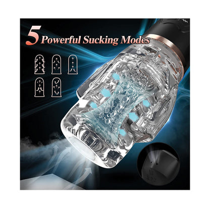 The FunnyMee Sucking & Vibrating Male Rose 2 is a transparent mechanical gadget shown with five labeled modes and detailed internals. Its sleek design on a dark, dynamic background enhances its appeal, accompanied by the text 5 Powerful Sucking Modes.