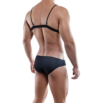 A person stands confidently with their back to the camera, wearing Secret Male Tops and matching swimwear bottoms. The sensual design on a plain white background enhances the allure of this striking ensemble.