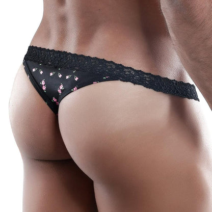 The image showcases the Secret Male Thong in black floral lace from behind, highlighting its intricate design and texture. Emphasizing its soft, stretchy fabric, the thong offers a comfortable yet alluring look by Secret Male.