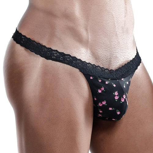 Someone wearing Secret Male Thong enjoys its soft, stretchy fabric and high-cut design with a floral-patterned lace-trimmed black style.