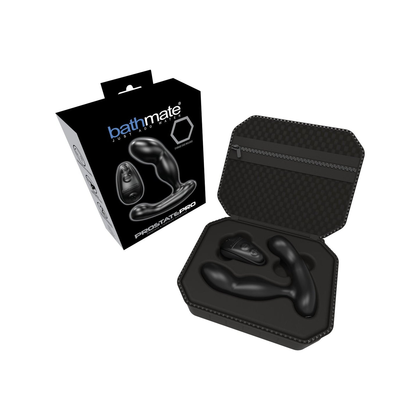 The Bathmate Prostate Pro Prostate & Perineum Massager, ideal for dual stimulation, is displayed in an open hexagonal black storage case next to its box. The massager features a sleek design with ergonomic curves for enhanced male pleasure.