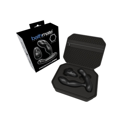 The Bathmate Prostate Pro Prostate & Perineum Massager, ideal for dual stimulation, is displayed in an open hexagonal black storage case next to its box. The massager features a sleek design with ergonomic curves for enhanced male pleasure.