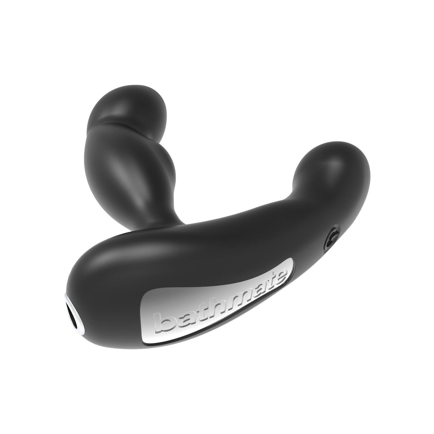 The Bathmate Prostate Pro Massager is a black, ergonomically designed personal device offering dual stimulation with a curved shape. Featuring the brand Bathmate in white on its side, its smooth and contoured for comfort, enhancing male pleasure. Comes with a storage case.
